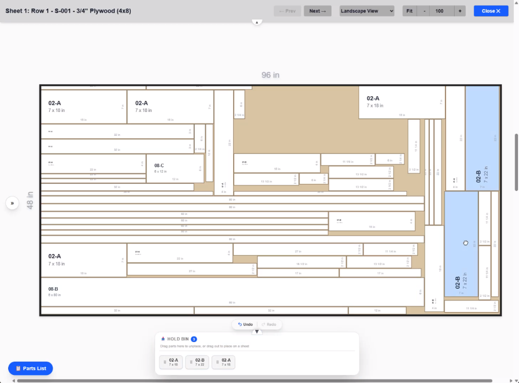 CutList Workspace interactive drag and drop layout editor for manual part placement
