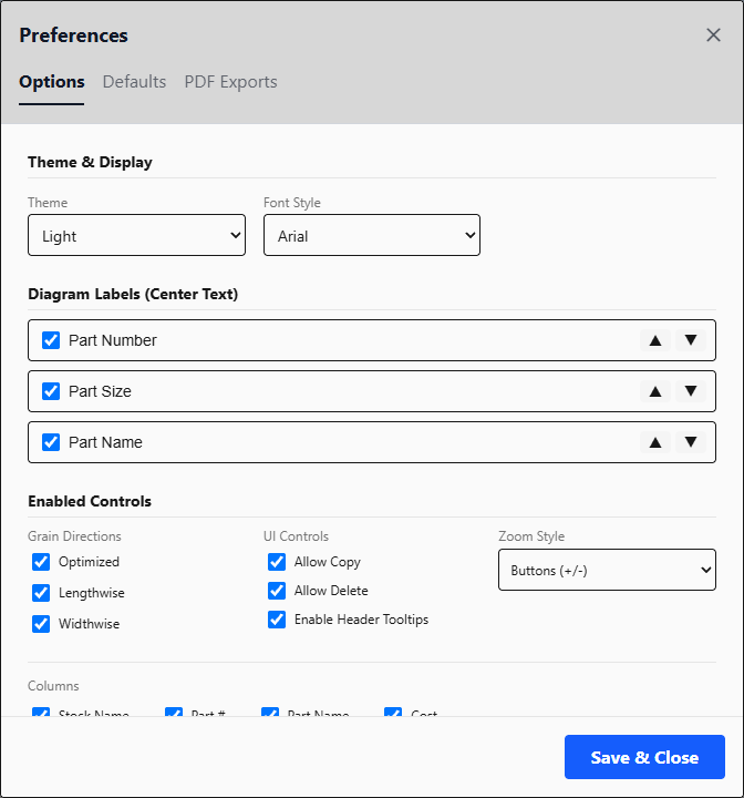 CutList Workspace preferences panel showing unit, kerf, and display settings